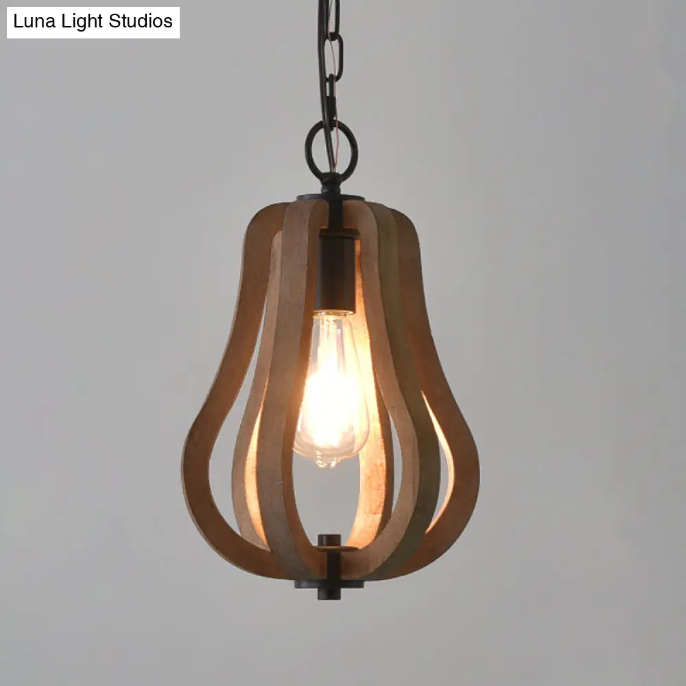 Traditional Wood Geometric Cage Pendant Light For Living Room