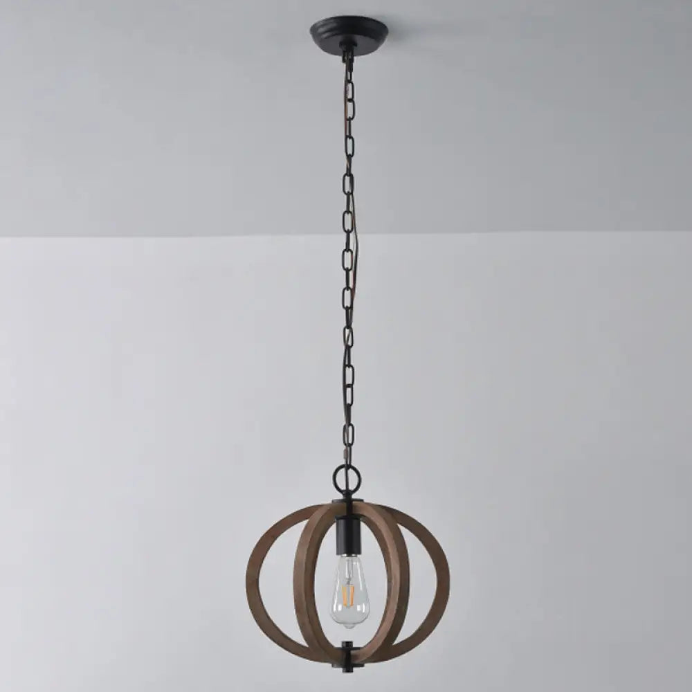 Traditional Wood Geometric Cage Pendant Light For Living Room Brown / A