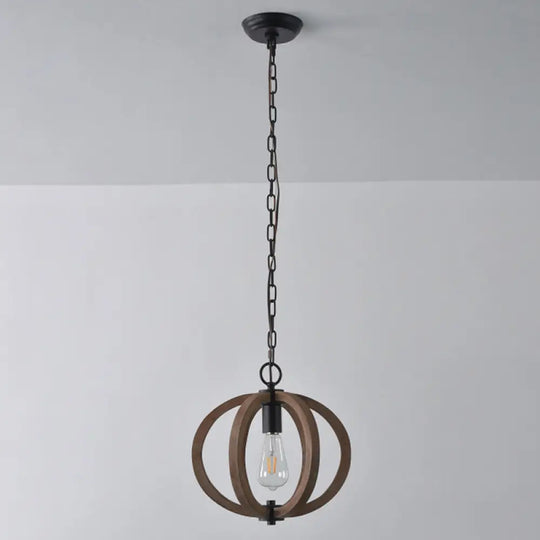 Traditional Wood Geometric Cage Pendant Light For Living Room Brown / A