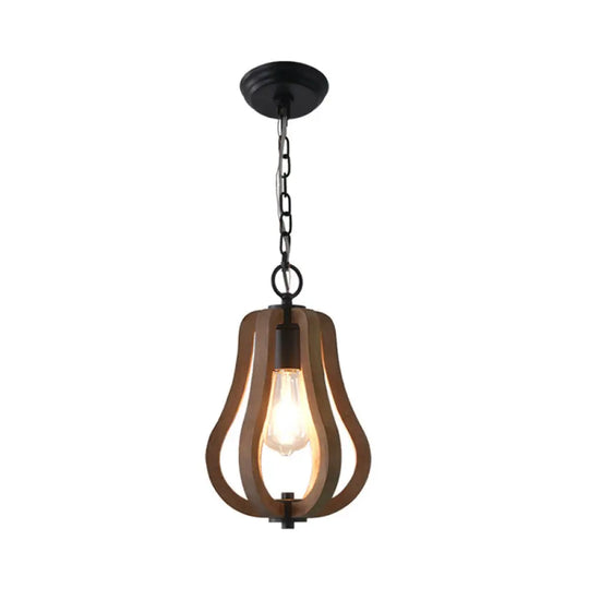 Traditional Wood Geometric Cage Pendant Light For Living Room Brown / B