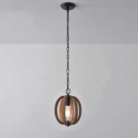 Traditional Wood Geometric Cage Pendant Light For Living Room Brown / C