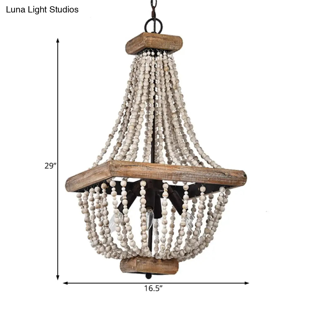 Traditional Wooden Empire Shape Chandelier With 4 Lights - Dark Wood Hanging Lamp