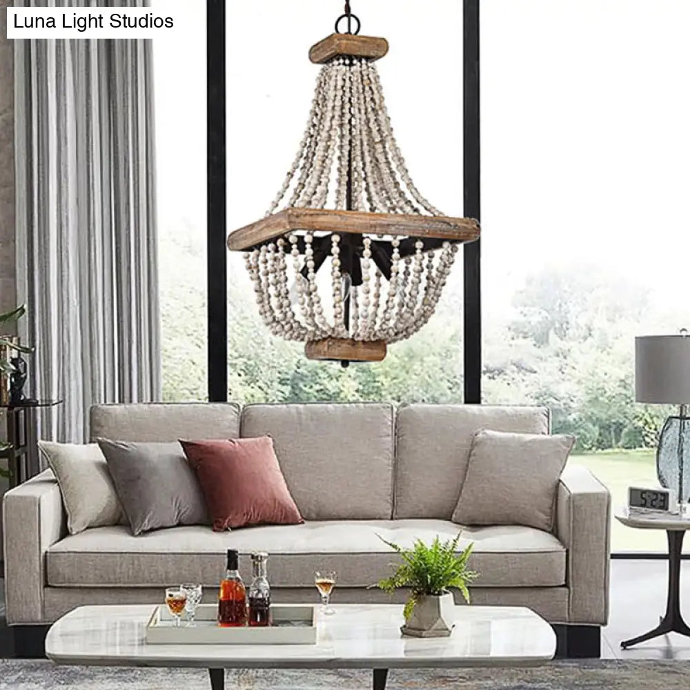 Traditional Wooden Empire Shape Chandelier With 4 Lights - Dark Wood Hanging Lamp