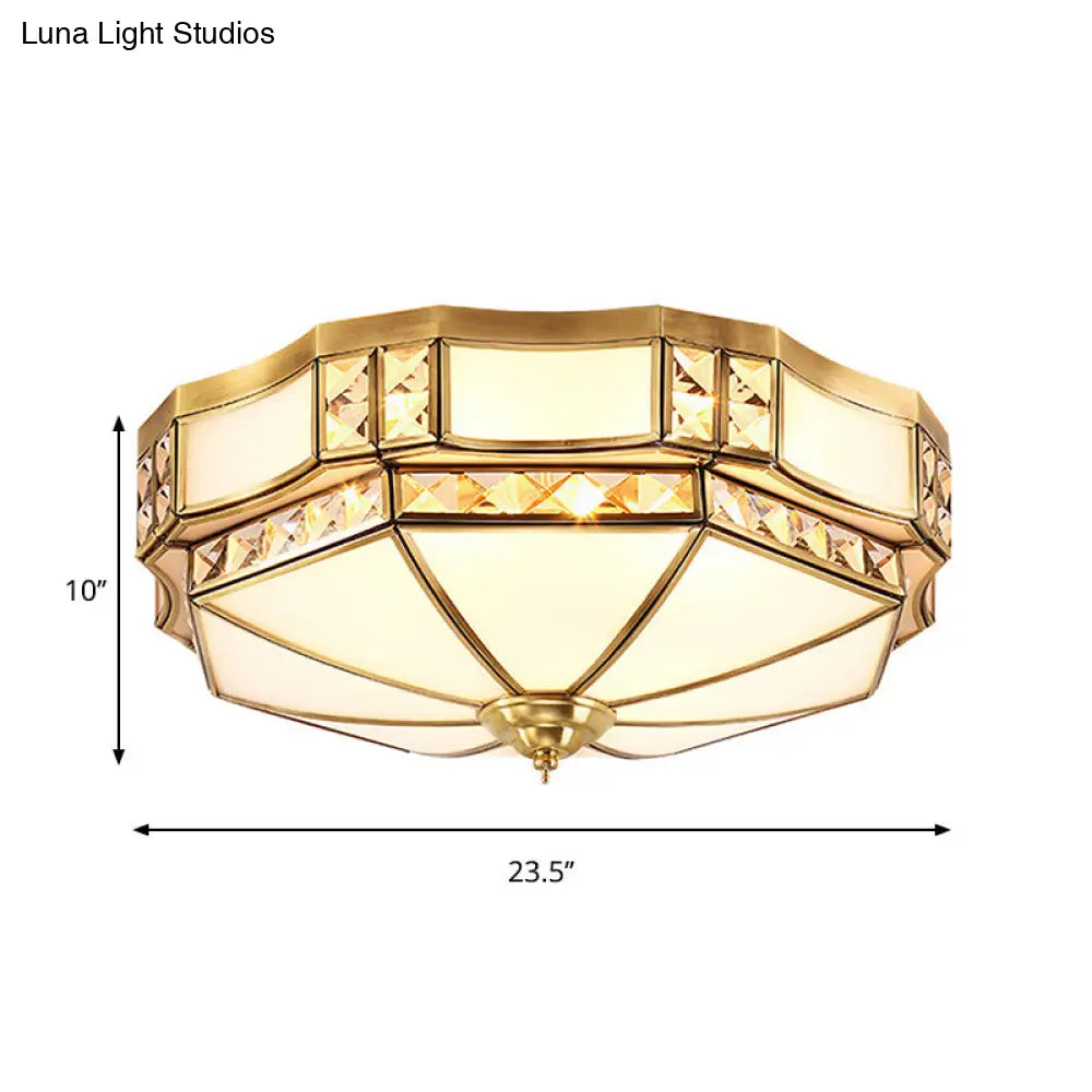 Traditional Yurt Flush Mount Lamp With Crystal Accent - 3/4/6 Lights And White Glass Ceiling