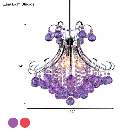 Traditionalist Raindrop Purple/Red Crystal Ball Chandelier Pendant Light With Chrome Down Lighting -