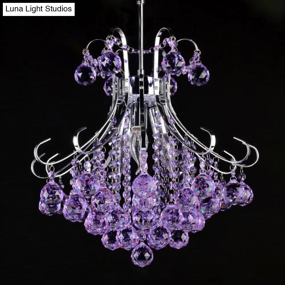 Traditionalist Raindrop Purple/Red Crystal Ball Chandelier Pendant Light With Chrome Down Lighting -