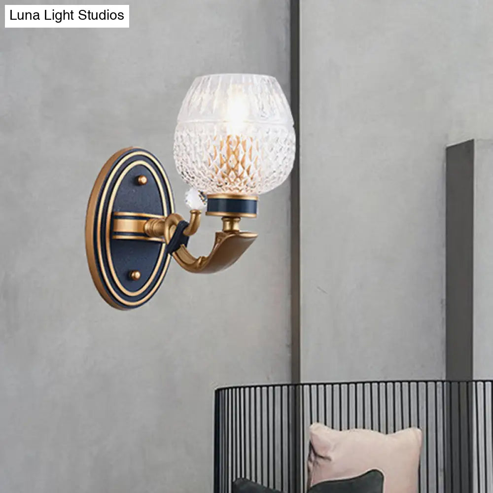 Traditionalist Wall Sconce Light With Lattice Glass In Brass For Bedroom - Led Mounted Lamp