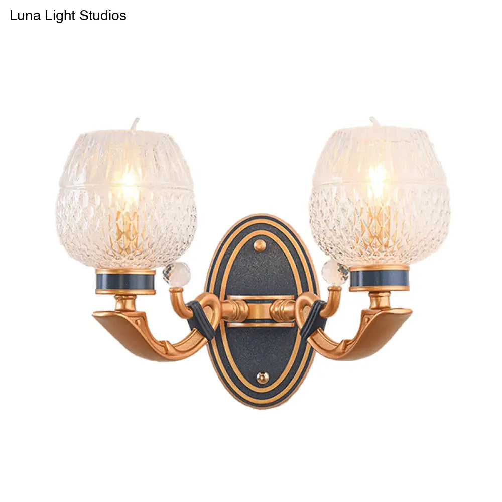 Traditionalist Wall Sconce Light With Lattice Glass In Brass For Bedroom - Led Mounted Lamp