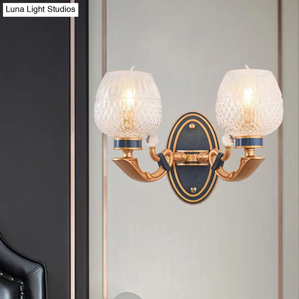 Traditionalist Wall Sconce Light With Lattice Glass In Brass For Bedroom - Led Mounted Lamp