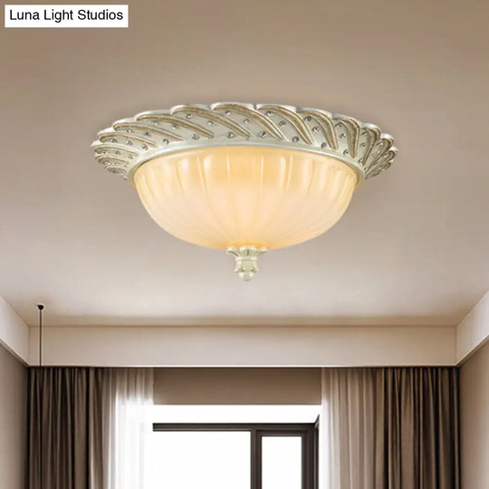 Traditionalist Yellow Glass Flush Mount Light Fixture - Bronze/White 3-Bulb Flushmount For Living