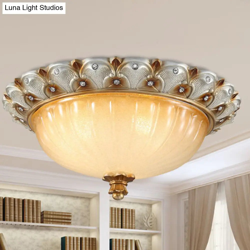 Traditionalist Yellow Glass Flush Mount Light Fixture - Bronze/White 3-Bulb Flushmount For Living