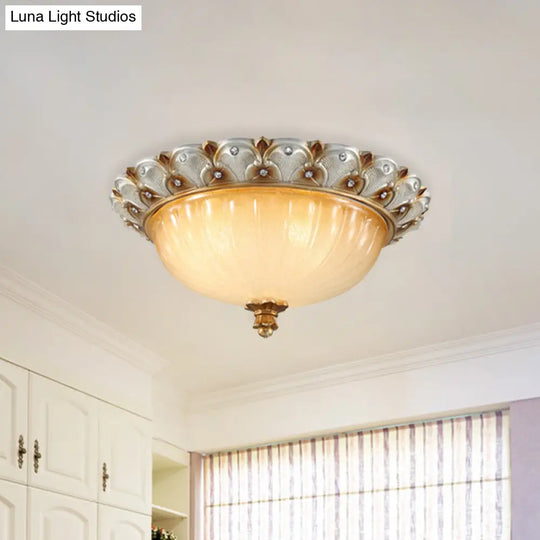 Traditionalist Yellow Glass Flush Mount Light Fixture - Bronze/White 3 - Bulb Flushmount For Living