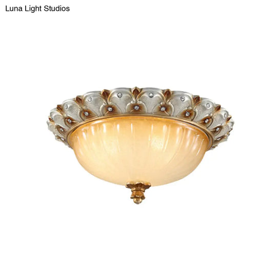 Traditionalist Yellow Glass Flush Mount Light Fixture - Bronze/White 3-Bulb Flushmount For Living