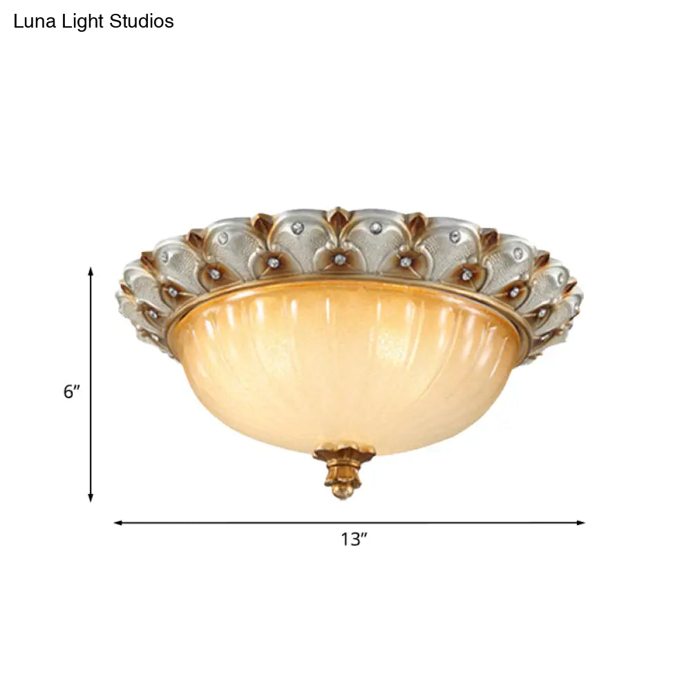 Traditionalist Yellow Glass Flush Mount Light Fixture - Bronze/White 3 - Bulb Flushmount For Living