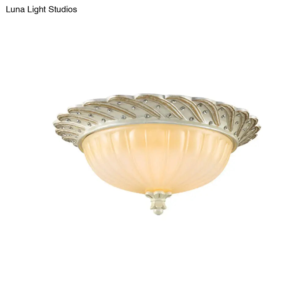 Traditionalist Yellow Glass Flush Mount Light Fixture - Bronze/White 3-Bulb Flushmount For Living