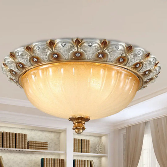 Traditionalist Yellow Glass Flush Mount Light Fixture - Bronze/White 3 - Bulb Flushmount For Living