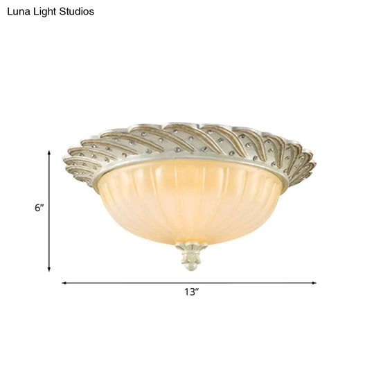 Traditionalist Yellow Glass Flush Mount Light Fixture - Bronze/White 3 - Bulb Flushmount For Living