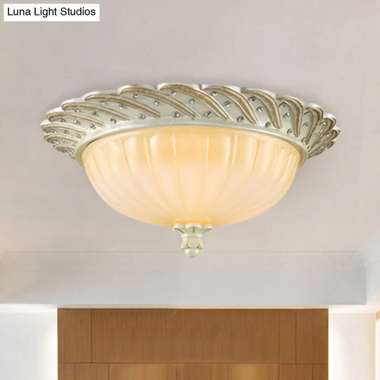 Traditionalist Yellow Glass Flush Mount Light Fixture - Bronze/White 3-Bulb Flushmount For Living