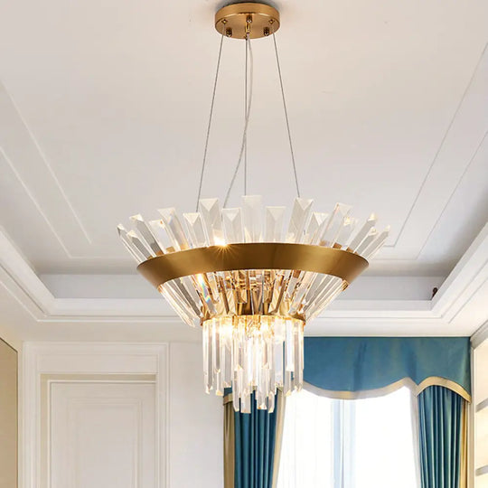 Transitional 9-Light Gold Crystal Tapered Icicle Chandelier - 7’/14’ H Pendant Light / 14’