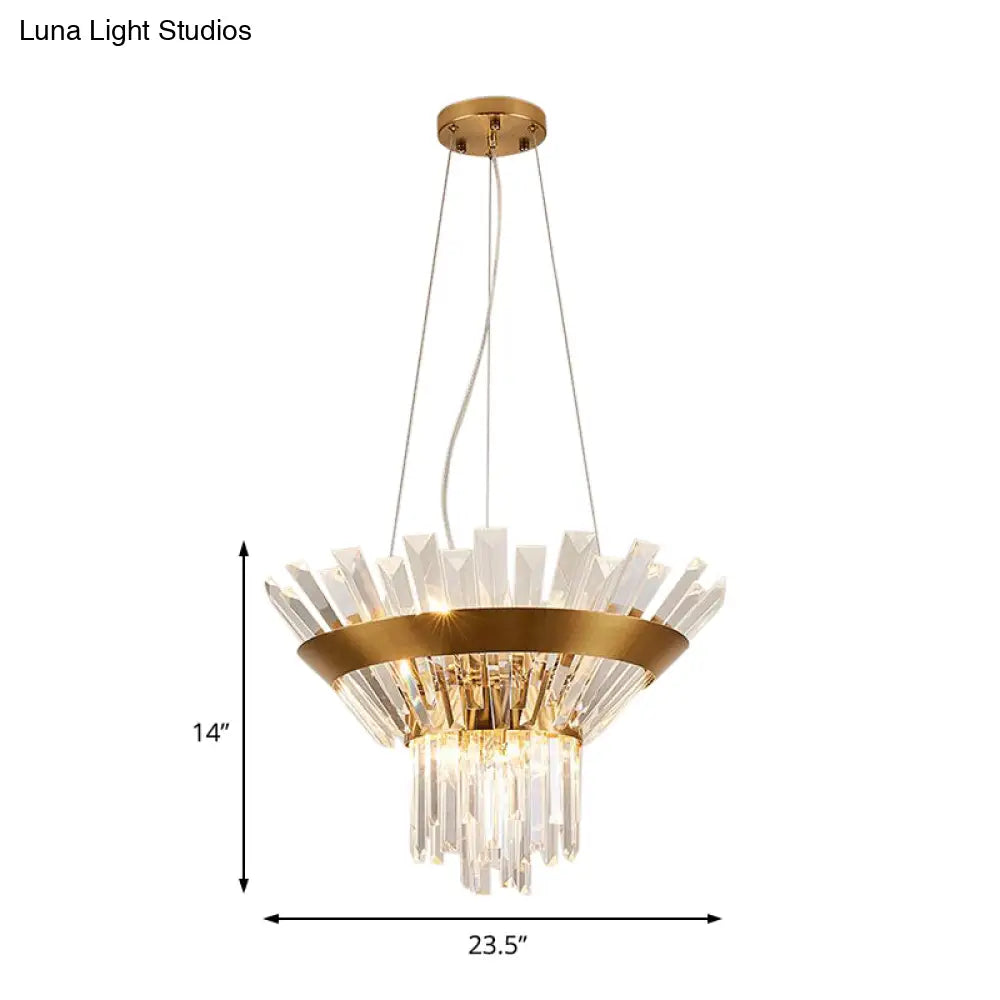 Transitional 9-Light Gold Crystal Tapered Icicle Chandelier - 7’/14’ H Pendant Light