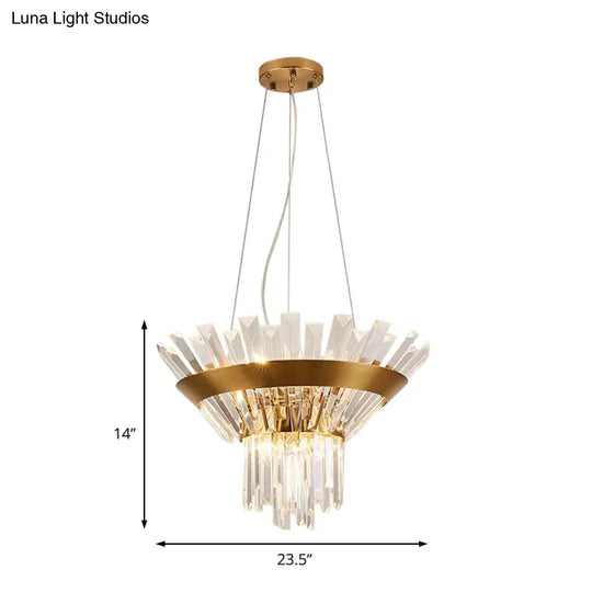 Transitional 9-Light Gold Crystal Tapered Icicle Chandelier - 7’/14’ H Pendant Light