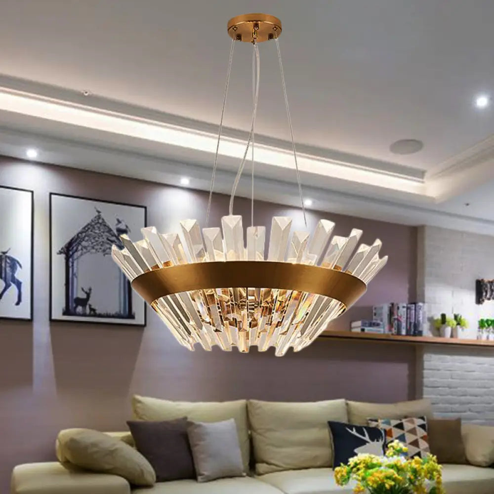 Transitional 9-Light Gold Crystal Tapered Icicle Chandelier - 7’/14’ H Pendant Light / 7’