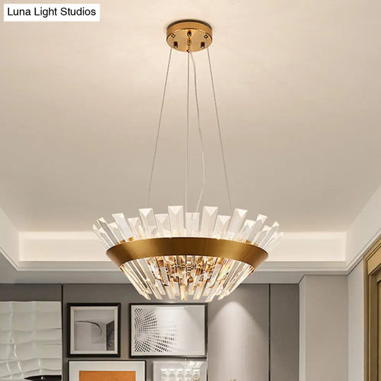 Transitional 9-Light Gold Crystal Tapered Icicle Chandelier - 7’/14’ H Pendant Light