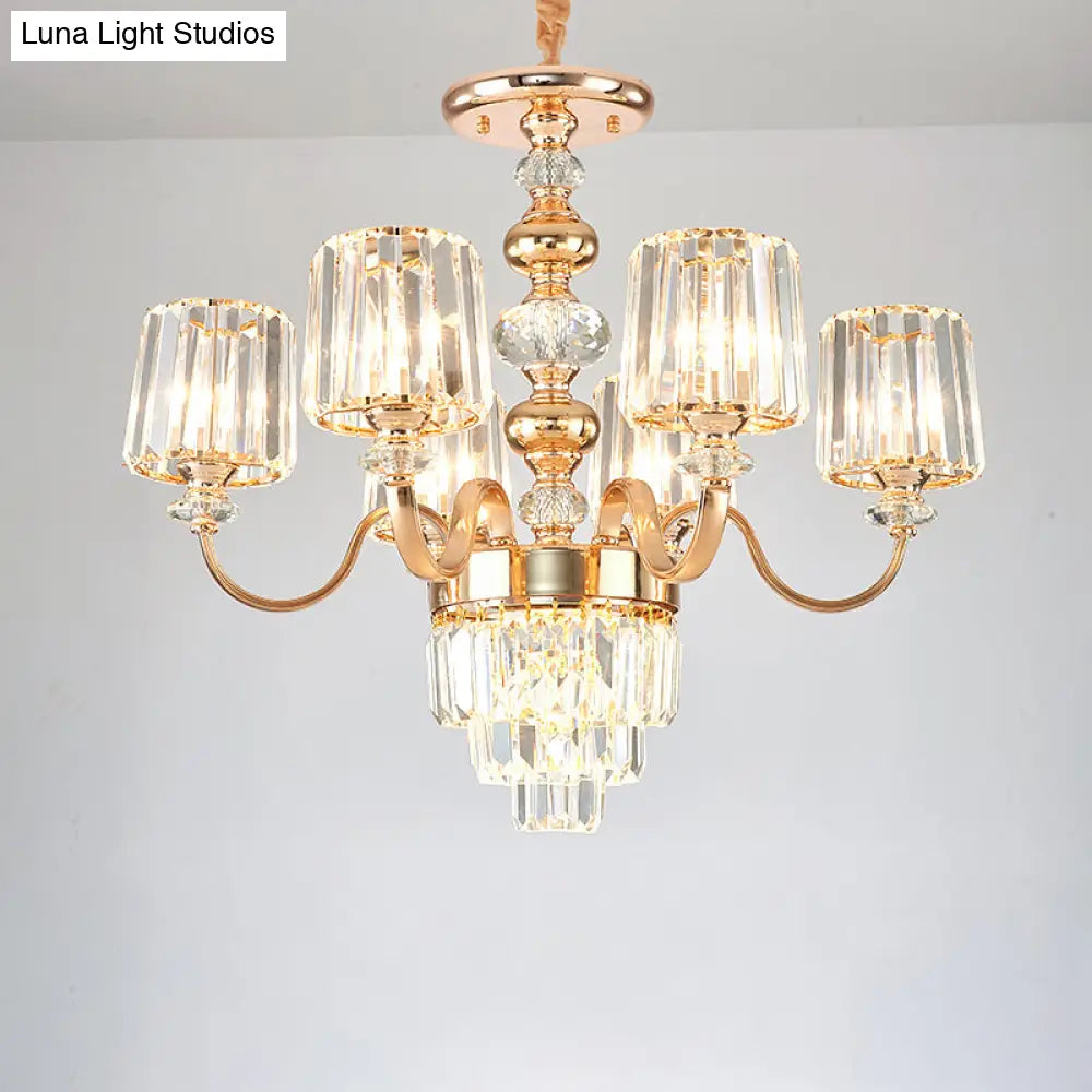 Transitional Rose Gold Pendant Light With Crystal Block Chandelier