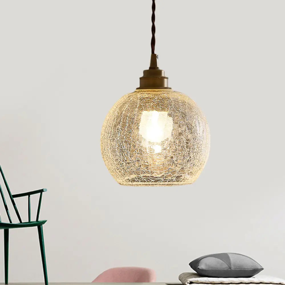 Translucent Crackle Glass 1-Light Pendant Light - Minimalist Spherical Design For Dining Room Clear