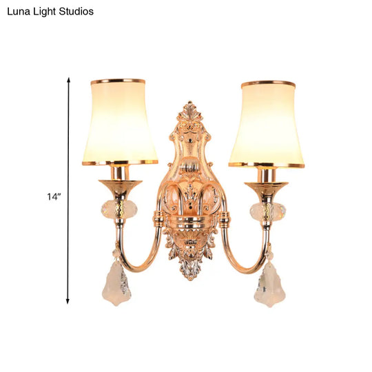 Translucent Crystal Gold Flared Wall Mount Light Fixture - Traditional 2-Head Sconce For Living Room