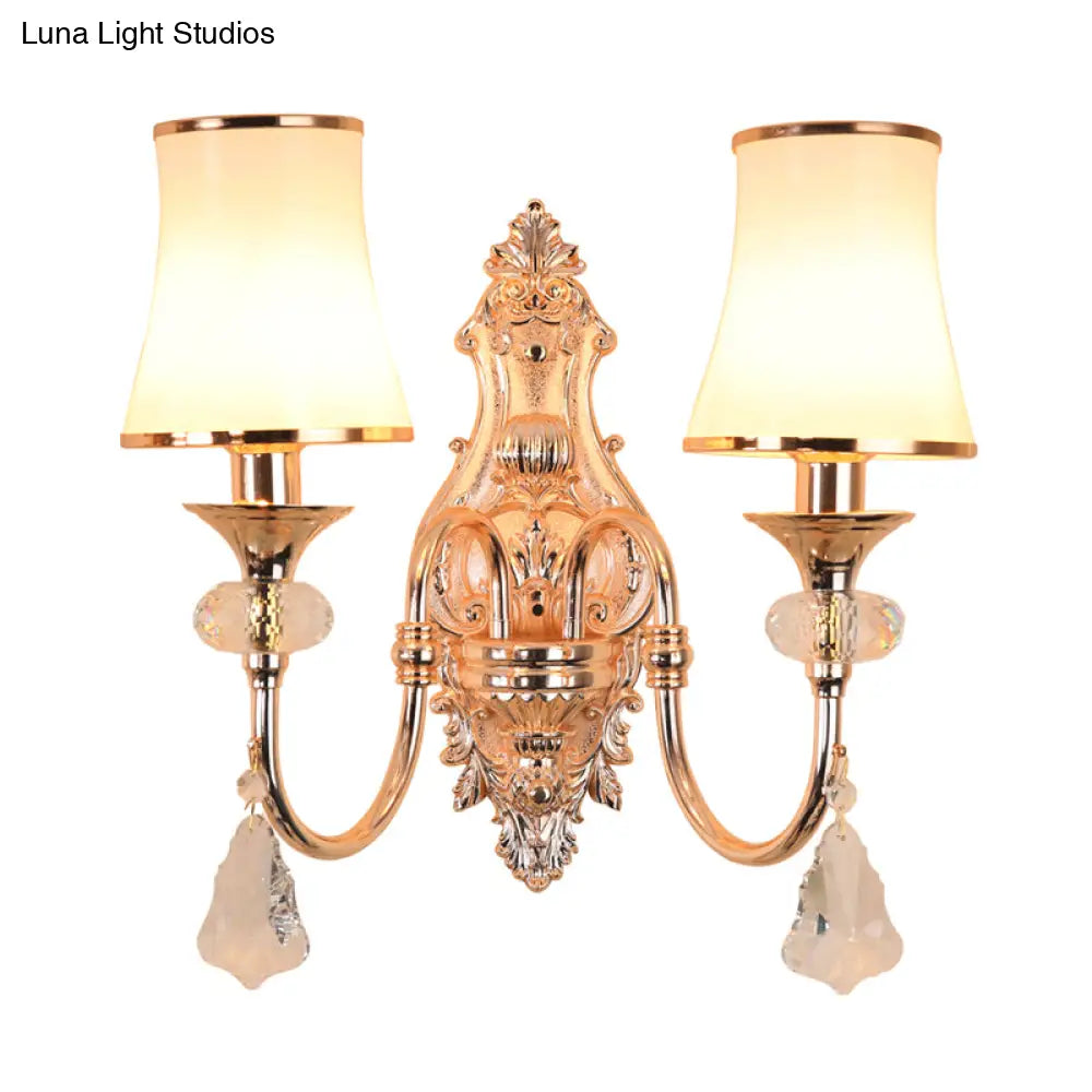 Translucent Crystal Gold Flared Wall Mount Light Fixture - Traditional 2-Head Sconce For Living Room