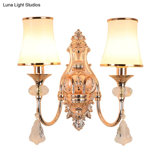 Translucent Crystal Gold Flared Wall Mount Light Fixture - Traditional 2-Head Sconce For Living Room