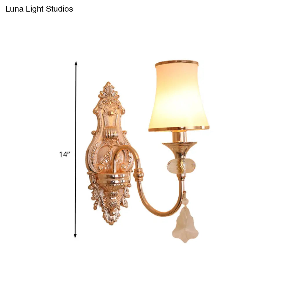 Translucent Crystal Gold Flared Wall Mount Light Fixture - Traditional 2-Head Sconce For Living Room