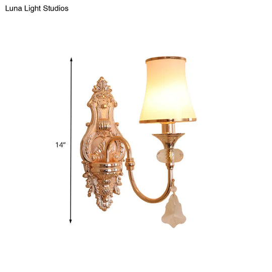 Translucent Crystal Gold Flared Wall Mount Light Fixture - Traditional 2-Head Sconce For Living Room