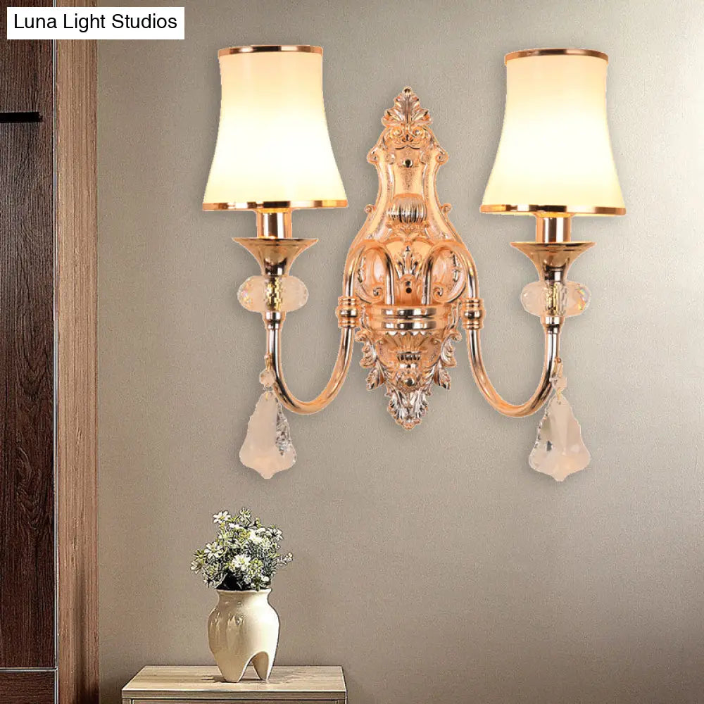 Translucent Crystal Gold Flared Wall Mount Light Fixture - Traditional 2-Head Sconce For Living Room