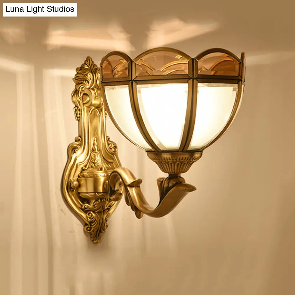 Translucent Glass Wall Mount Lamp - Colonial Style Bedside Sconce In Brass