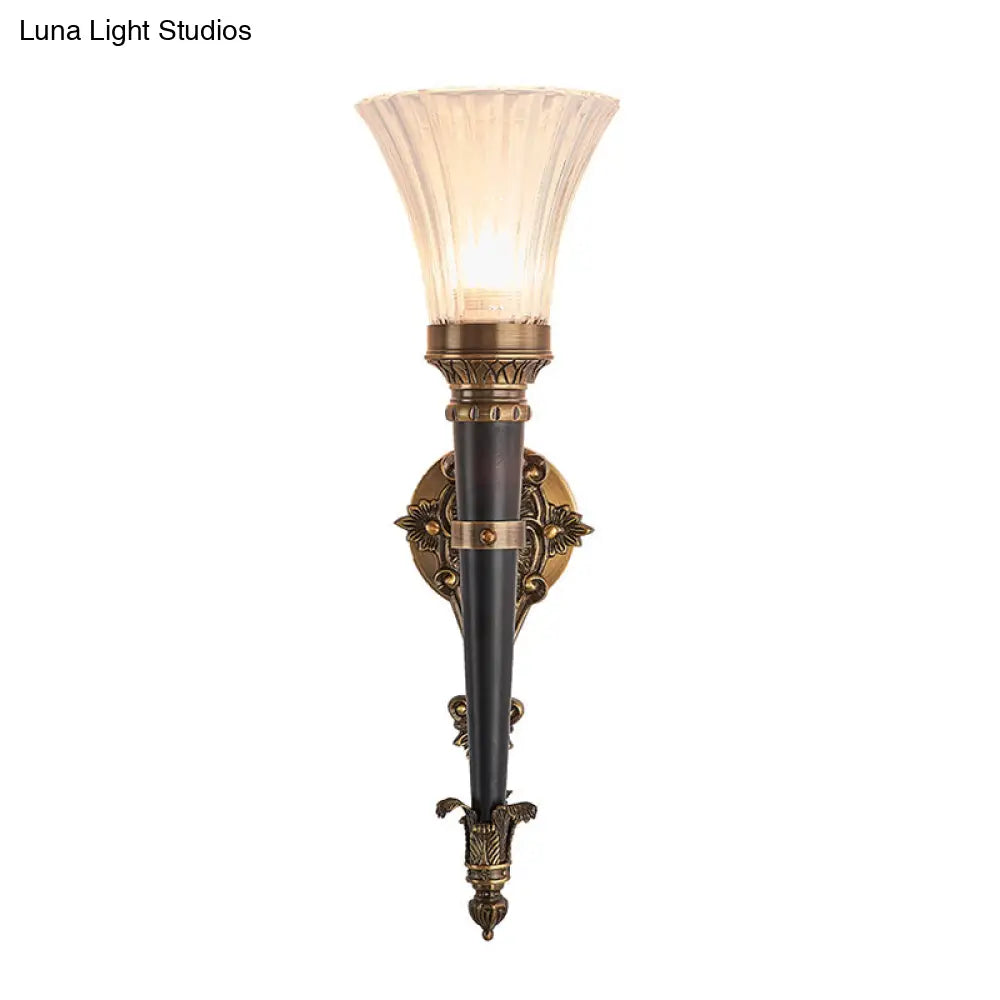 Translucent Glass Wall Sconce Lamp In Brass With Flared Prismatic Shade