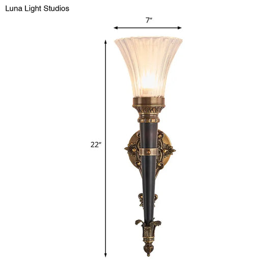 Translucent Glass Wall Sconce Lamp In Brass With Flared Prismatic Shade