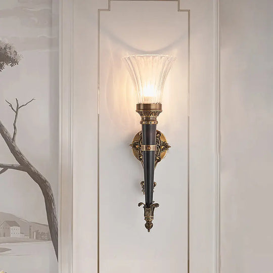 Translucent Glass Wall Sconce Lamp In Brass With Flared Prismatic Shade