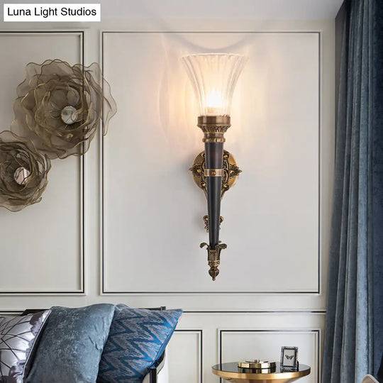 Translucent Glass Wall Sconce Lamp In Brass With Flared Prismatic Shade