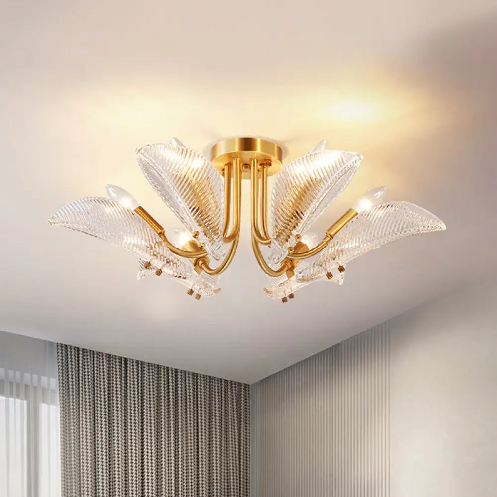 Transparent Glass Ceiling Lamp With Brass Leaf Design - Semi Flush Mount Light For Bedroom (6 Heads)