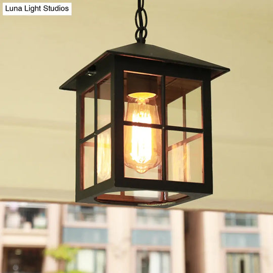 Transparent Glass Country Gridded Pendant Light: Single Hanging Lamp For Gardens