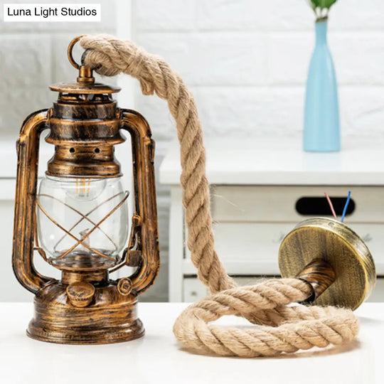 Nautical Hemp Rope Pendant Ceiling Lamp With Transparent Glass Lantern Bronze