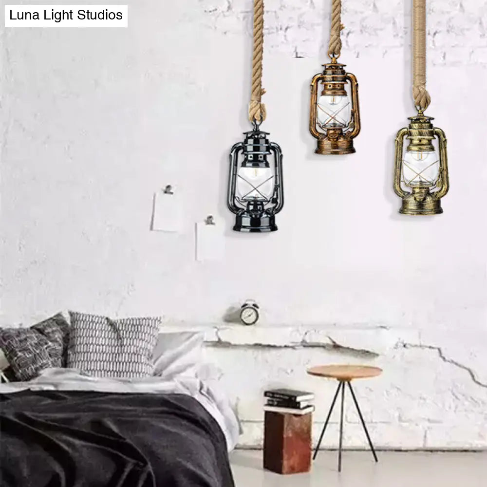 Nautical Hemp Rope Pendant Ceiling Lamp With Transparent Glass Lantern
