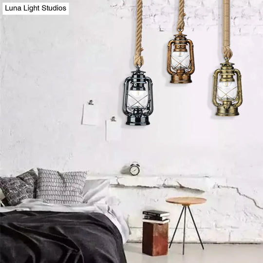 Nautical Hemp Rope Pendant Ceiling Lamp With Transparent Glass Lantern