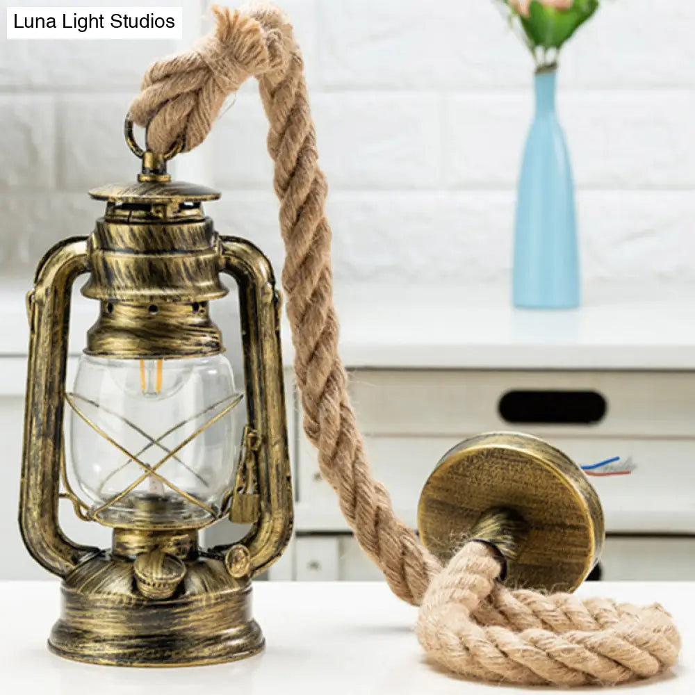 Nautical Hemp Rope Pendant Ceiling Lamp With Transparent Glass Lantern Antique Brass