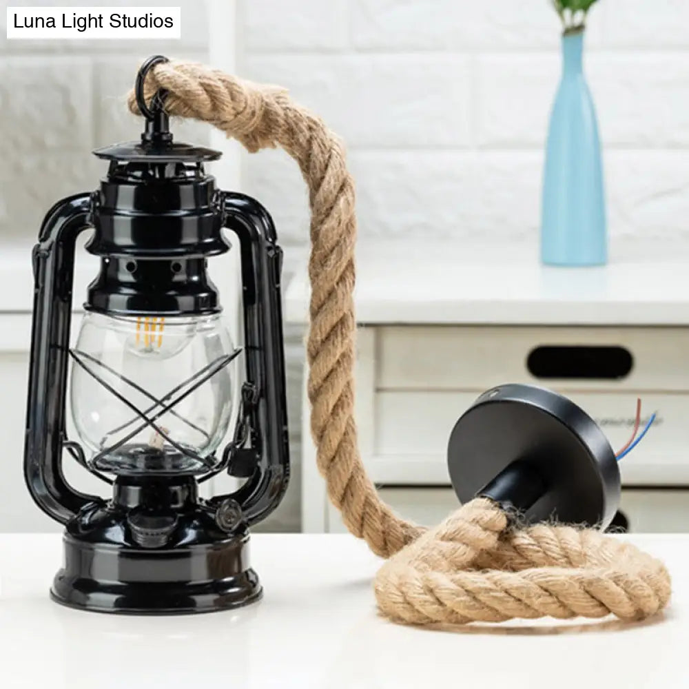 Nautical Hemp Rope Pendant Ceiling Lamp With Transparent Glass Lantern Black