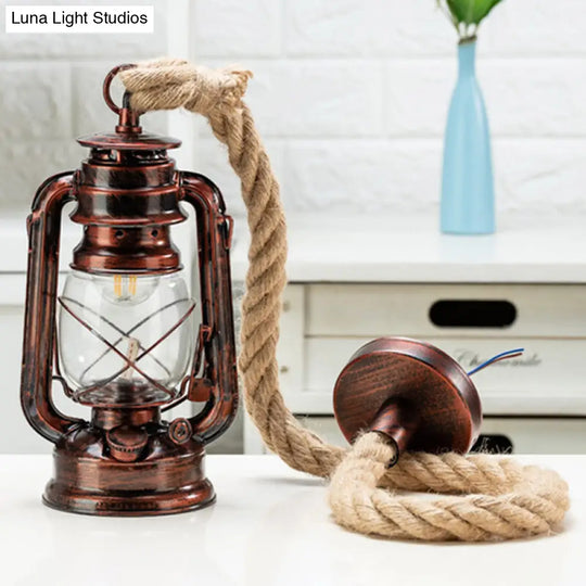 Nautical Hemp Rope Pendant Ceiling Lamp With Transparent Glass Lantern Copper