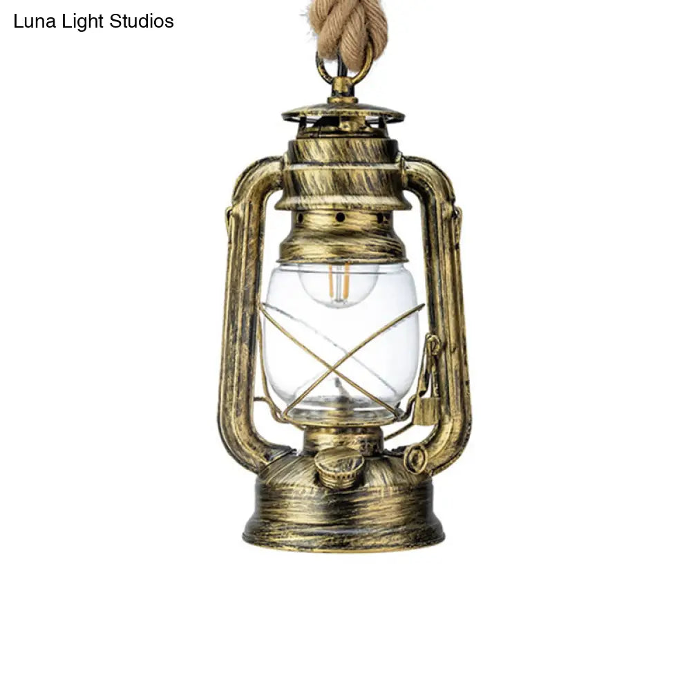 Transparent Glass Nautical Bedside Pendant Lantern Ceiling Lamp With Hemp Rope