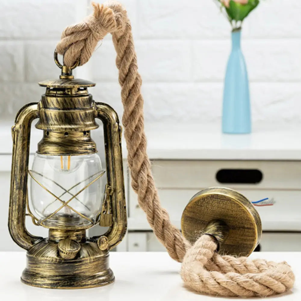 Transparent Glass Nautical Bedside Pendant Lantern Ceiling Lamp With Hemp Rope Antique Brass